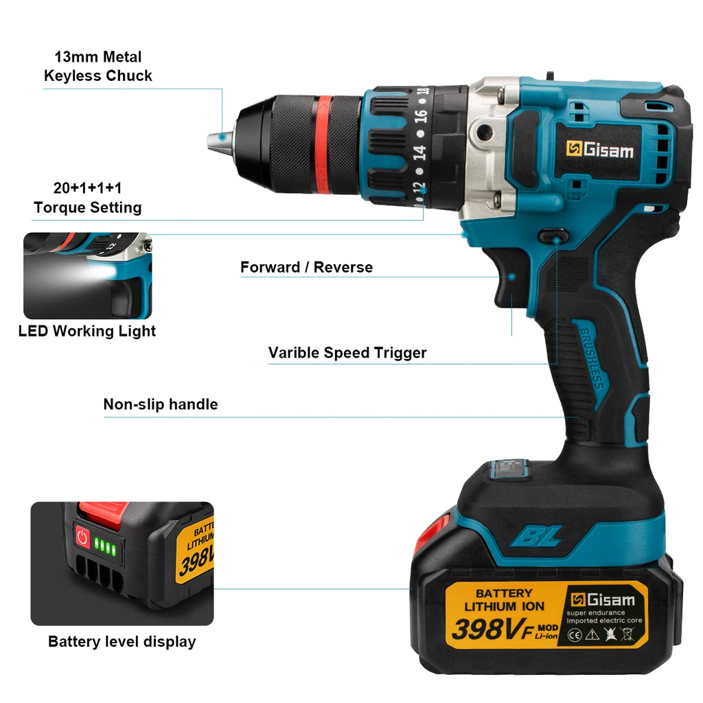 Taladro Percutor Inalámbrico Brushless 18V - 480N.M (13mm)