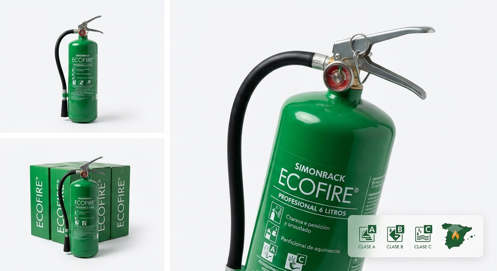 Detalle del extintor Ecofire mostrando la etiqueta de instrucciones de uso